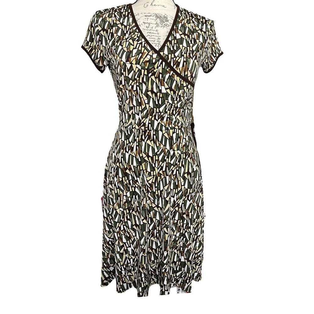 En Focus Geometric Print Short Sleeve V Neck Wrap Dress Green Size S